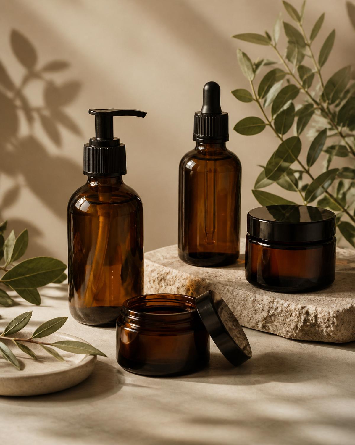 Lémanic botanical skincare in dark amber glass bottles